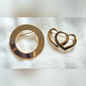 Lot of 2 Vintage Gold-Tone Brooches Circle & Double Hearts
